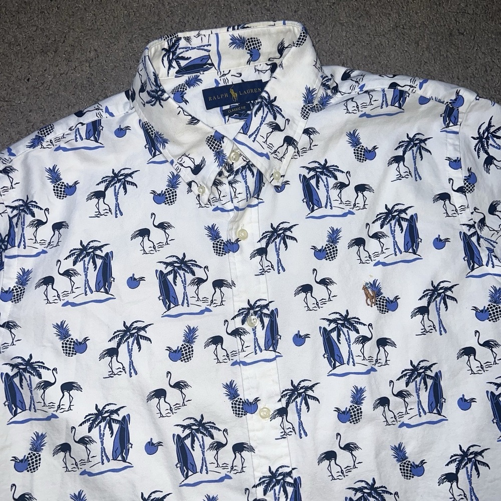 Ralph Lauren Mens Tropical Flamingo Palm Tree Button up Short Sleeve Shirt XL
